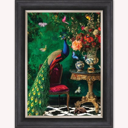 Curiosity Peacock at the Stately Home Framed Wall Art Curiosity Peacock at the Stately Home Framed Wall Art