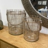 Set of 2 Glass Drum Hurricanes with Bamboo Strip Detail